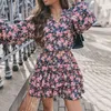 Women Autumn V Neck Tie-Up Mini Dress Office Ladies Spring Floral Printing Dress Fashion Casual Long Sleeve A-Line Party Dresses Y1204