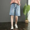 6040 Summer Fashion Women Korean Style Solid Color Elastic Waist Pockets Wide Leg Half-Length Denim Shorts Female Simple s 210724