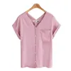 Eenvoudige stijl plus size 5XL casual shirts zomer v-hals effen kleur katoen blouse vrouwen zomer tops dame 9473 210527