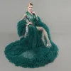 Emerald Green Suknie Wieczorowe 2021 Długie Rękawy Ruffles Tulle Koronki Kobiety Cape Macierzyści Formalne Suknie Wieczorowe Moda