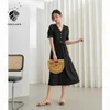 FANSILANEN Office Lady Gentle Wind Abito con scollo a V Donna Summer Lace Stitching A-line Retro Long Black Sexy 210607