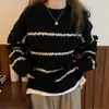 Aelegantmis Korean Fashion Black White Striped Pullover Sweater Women Casual Warm Female Vintage Stripe Knit Jumper Color Block 210607