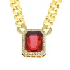 Perform T-Show With Big Red Cubic Zirconia Stone Crystal Miami Cuban Link Ruby Pendant Necklace Hip Hop Bling Iced Out Chain Men Women Jewelry 30inches 15mm