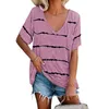 Kvinna Stripe T-shirt Sommar Sexig V-Neck Kortärmad Tie-Dye Lös Tshirts 90s Casual Street Fashion Women Pocket Top Plus Size 210604