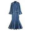 Casual Dresses Autumn Spring Vintage Elegant Bodycon Long Denim Dress Female Fall Slim Sexy Ruffle Trumpet Maxi Jeans Robe