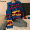 Neploe CHIC Retro Crazy Style Luźne Pull Femme Graffiti Lover Rainbow Paski Knit sweter O Neck Długi Rękaw Plasteclover 210812