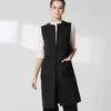 Grande taille sans manches gilet Cardigan automne mince laine femmes O cou poche ourlet fendu Long gilet dames noir manteaux 210915