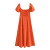 Tangada summer fashion women solid orange dress pleated puff short sleeve ladies casual midi dress vestidos 3H671-1 210609