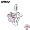 WOSTU Real 925 Sterling Silver Dog Paw Footprint Koralik Pink Cyrkon Bone Charm Fit Oryginalna Bransoletka Wisiorek Biżuteria CQC1680 Q0531