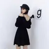 Gothic Bandage Black Sexy Dresses for Women High Waist Femme Dresses Off Shoulder Long Sleeve Clothes Spring 210525