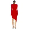 Women's Sexy V-neck Designer Long Sleeve Cotton Red Irregular Elegant Dress Ladies Celebrity Party Vestido 210525