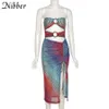 닌버 2021 여름 보헤미안 해변 스타일 긴 인쇄 드레스 래핑 된 가슴 반지 버클 높은 슬릿 여성 해변 휴가 Y0823