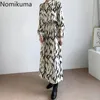 Nomikuma Stand Collar Bow Knot Lace Up Elegant Dress Women Slim Waist Long Sleeve Printed Maxi Dresses Vestidos Mujer 3c618 210309