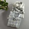 Vår och höst Vintage Kina Stil Klassisk Plaid Bomull Långärmad Blå Skjorta Man Casual Slim Fit Import Kläder 210721