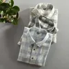 Printemps et automne Vintage Chine Style classique Plaid coton à manches longues chemise bleue mâle décontracté slim fit vêtements d'importation 210721