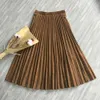 Två lager Spring Women Suede Kjol Long Plisserade Kjolar Toppmärke Kvinnor Saias Midi Faldas Vintage Kvinnor Midi Skirt 210721