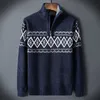 Halv Turtleneck Mens Pullovers Stickad Höst Vinter Plaid Tröja för Man Kläder Knitwear High Neck Style