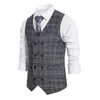 2021 Men's Polyester Plaid Khaki Gray Groom Vests Groomsmen Attire Tweed Business Suit Jacket Formal Groom's Wear Vest Men Wedding Tuxedo Waistcoat Casual Slim Cloth