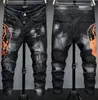 Estilo Europeu Moda Masculina Marca Jean Mens Slim Denim Calça Jeans Preto Reto Moto Biker Hole Calça Preta Masculina