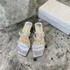 Luxurious Sandals Women One Word Belt Pearl Slippers Chunky Heels Mule Square Toe Summer Heels Party Wedding Slidesh 35-40