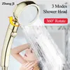 Zhangji 360 grados giratorio Retro Golden Shower alta presión 3 modos con botón de parada ahorro de agua cabezal de ducha de plástico ABS 210724