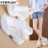 Siyah Beyaz Streç Kumaş Platformu Yükseklik Ayakkabı 9 cm Oymak Peep Toe Takozlar Gladyatör Sandalet Retro Rahat Kadınlar Yüksek Topuklu Y0721