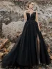 Старинные черные свадебные платья свадебные платья линия сексуальная без спинки сплит боковая боковая длинная готическое платье невесты аппликации кружева цветочные бусы Vestido de Novia