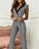 Autumn Women Houndstooth Print Skinny Blazer Jumpsuit Femme Double Breasted Sleeveless Bodysuit Office Lady Clothing traf 220226