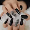 Faux ongles mat noir 3D strass acrylique ongles conseils cercueil luxueux presse sur doigt ballerine 24CT Prud22