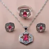 Ensemble de bijoux pour femmes, boucles d'oreilles, collier, couleur argent, ensemble de mariage, bagues en zircone rouge, Bracelet, cadeaux de fiançailles, YZ0637