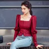 Elegant Women Burgundy Shirt Fashion Spring Square Neck Long Puff Sleeve Casual Female Crop Top 210603