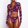 Sexig Långärmad Kvinnors Baddräkt Zipper Afrikansk Baddräkt Baklösa Baddräkt Hög midja Bikini Set Brazilian Beachwear 210621