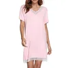 Mulheres Sleepwear Mulheres Camisetas Algodão Modal Verão Sólido Splice Lace em V-Pescoço De Manga Curta Vestido Noturno Vestido De Roupa Sleepshirts