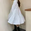 Casual Dresses 2021 Spring Female Loose V-neck Solid Color Oversize Long Sleeve Minimalist Wide Hem Pleated Straight Dress Green