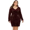 Casual Suknie Plus Size 5XL Kobiety Cekinowe Party Sukienka Jesień V Neck Długi Rękaw Bodycon Cocktail Club Club Ladies Krótki Mini