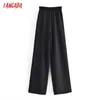 Tangada kvinnor båge svart långa byxor byxor vintage stil strethy midja dam byxor pantalon qn103 210609