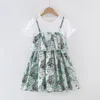 아이들을위한 여름 의류 드레스 2021 코튼 베이비 짧은 소매 Splicel Vestidos 꽃 인쇄 어린이 드레스 Q0716