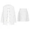 2ピースドレスデザイナーホワイトシングルブレストボウノットプリント2ボタンスーツ+ハイウエストミニAラインスカートセット2021