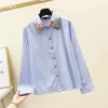 Vår och höst Mode Långärmad Blå Vertikal Stripe Skriv ut Skjorta Lös Blus Plus Size Womens Clothing 210615