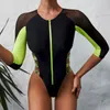 Mid--Sleeve One-piece Swimsuit For Women Swimming Suit High Cut Stitching Bikini Zipper Swimsuits Swimwear 2021