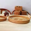 Kitchen Storage & Organization Handwoven Rattan Tray With Handle Round Wicker Basket Bread Food Plate