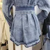 Sonbahar Turn-down Yaka Kot Ceket Kemer Ile Casual Denim Dış Giyim Vintage Kadınlar için Uzun Kollu Gevşek Ceket 210531