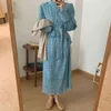 Vintage Kleid für Frau Gedruckt Stehkragen Hohe Taille es Vestido Regenbogen Rüschen Elegante Blaue Weibliche 210603