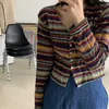 Flectit Womens Vintage Multi Striped Cardigan Button Up Crop Sweater Slim Fit Stickad Top Korean Fashion Alternativ Girl Outfit 210918