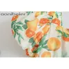 Citron Fruit Print Summer Women Ruffles Tiered Midi Dress Fashion Lantern Sleeve Elastisk Hög midja Casual Skater 210604