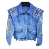 INS Trend Women Denim Jacket Floral Embroidery Spring Tops Fashion Girls Street Snap Diamonds Pockets Nice Jean Coat Mujer 210918