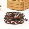 Cadeia de link tecido de pulseira de couro e manguito feminino Wound Bead de madeira tribo étnico ajustável