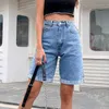 カジュアルハイウエストストレートジーンズショーツ夏のポケット緩い女性ブルーデニムレディースストリートボトムズ210722