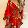 Casual Dresses 2021 Sommar Snygg Hawaii Beach Asymmetrisk Hem Mini Klänning Tropisk Utskrift Sexig Tie Front V Neck Kvinnor Beachwear