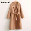 Aachoae Lady Solid Long Wool Coat Batwing Långärmad Elegant Office Jacka Kvinna Slå ner Krage Casual Coat Kvinnor 211130